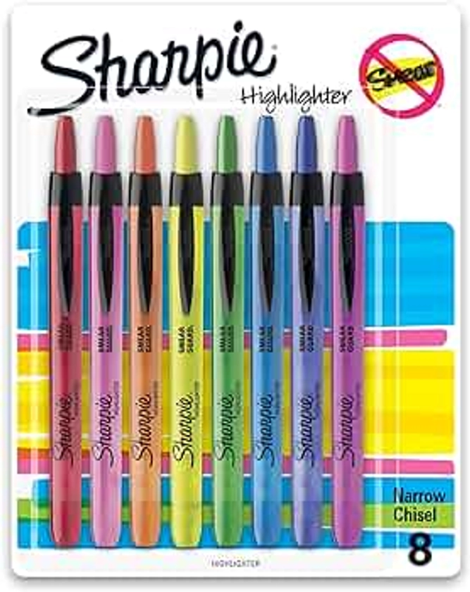 Sharpie Retractable Highlighters Chisel Tip Highlighters, Assorted Colors, 8 Count