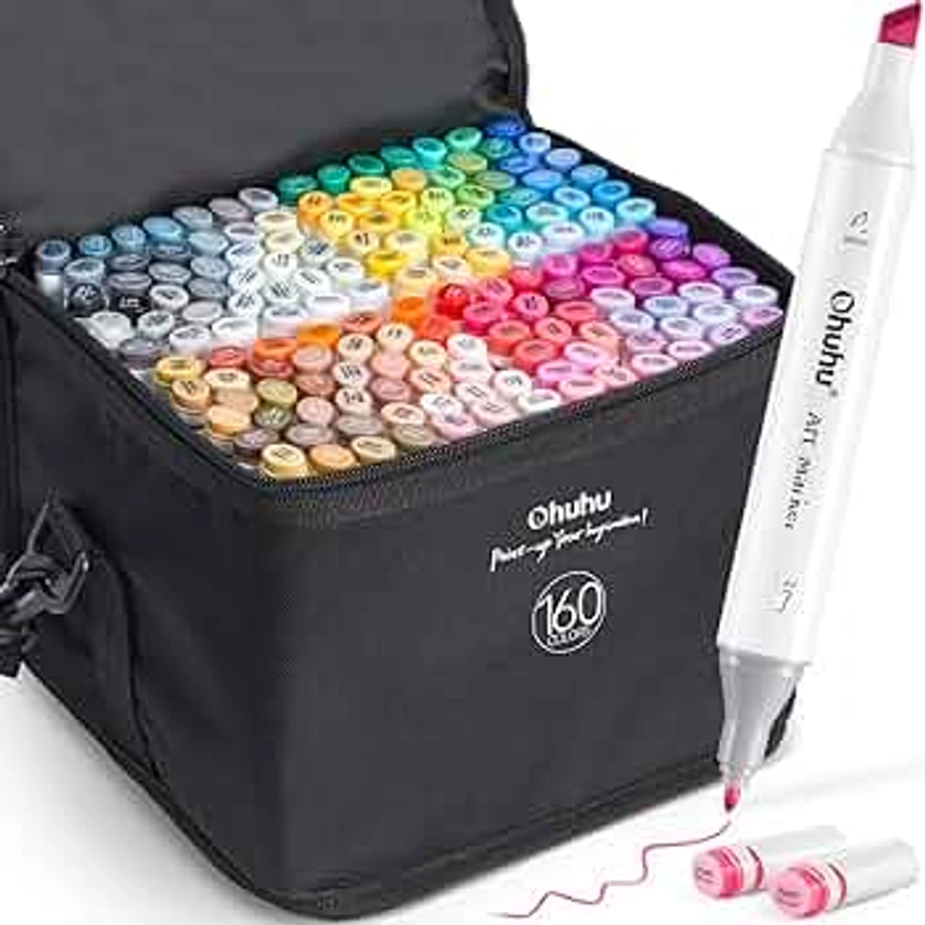 Ohuhu Alcohol Markers - Double Tipped Art Marker Set for Artist Illustration -160 Colors- Chisel & Fine Dual Tips- Oahu of Ohuhu Markers - Refillable