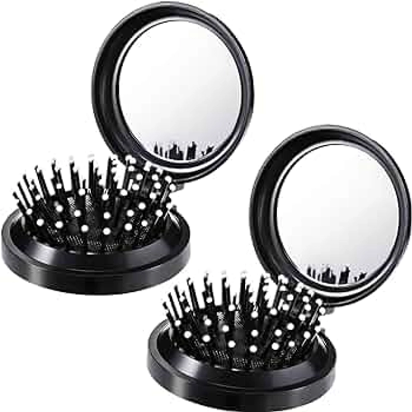 2 Pack Foldable Travel Mirror Hair Brushes Round Portable Folding Pocket Hair Brush Mini Hair Comb Compact Travel Size Hair Massage Comb for Men Women and Girls