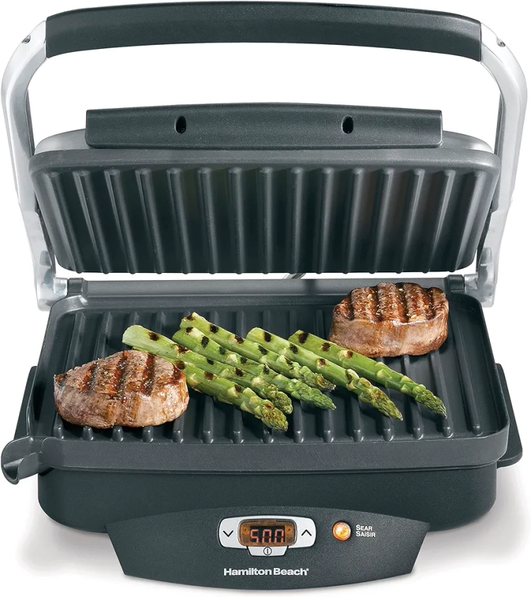 Hamilton Beach Steak Lover's Electric Indoor Searing Grill, Nonstick 100 Square, Stainless Steel (25331), Black and Stainless, Medium