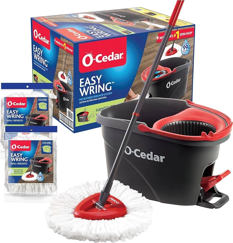O-Cedar EasyWring Microfiber Spin Mop & Bucket Floor Cleaning System + 2 Extra Refills, Red/Gray