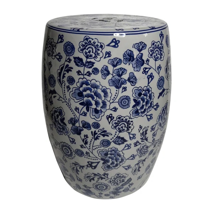 Ceramic Hydrangea Chinoiserie Stool - Elegant Blue and White 18-inch Garden Accent Piece