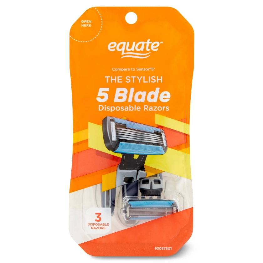 Equate Men's 5 Blade Dual Lubrication Disposable Razor, 3 Count