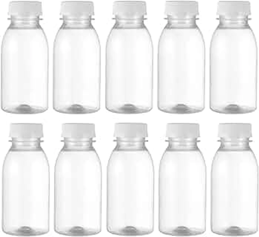 Angoily 10 Pièces Bouteille Plastique 250ml avec Couvercle - Mini Bouteille Transparent - Bouteilles Vides Réutilisables Petite Bouteille Jus de Fruit, Smoothies, Lait et Boissons