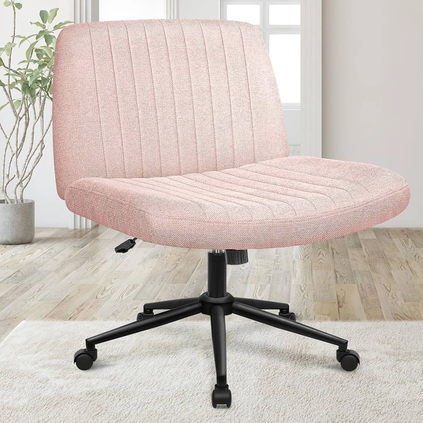 Orange Factory Criss Cross Chair with Wheels, Armless Cross Legged Office Desk Chair, Wide Comfy Vanity Rolling Swivel Modern Comfortable Fabric Computer Task Chairs for Home Office (Pink)