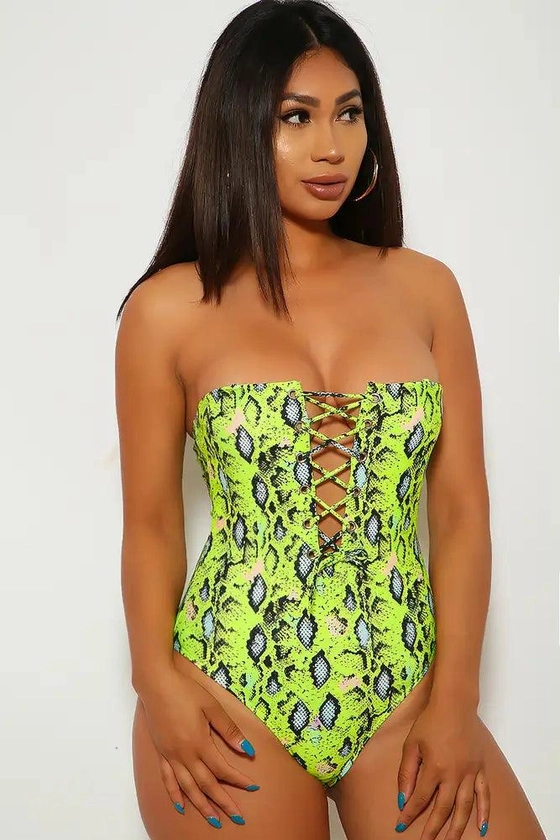 Lime Snake Animal Print Lace Up One Piece Swimsuit