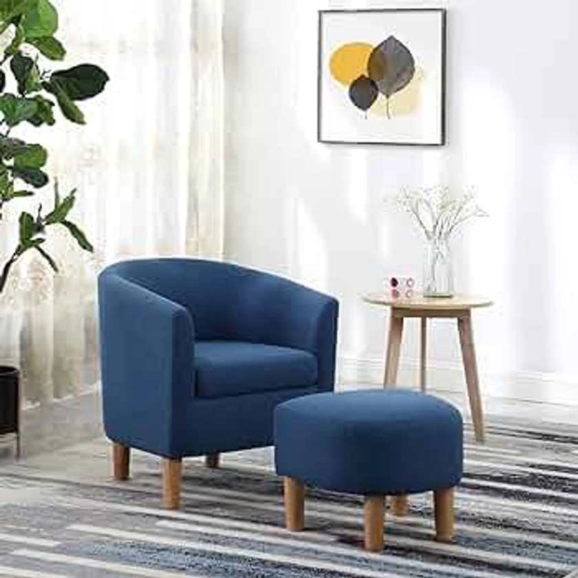Accent Chair, Mid Century Modern Chair with Ottoman, Comfy Arm Footrest Set Comfortable Living Room Upholstered Barrel Round Club Tub Sofa Chair for Bedroom Reading Room, Blue