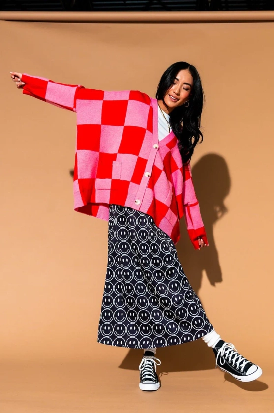 LALA ORIGINAL: Love You Oversized Checkerboard Cardigan in Red + Pink