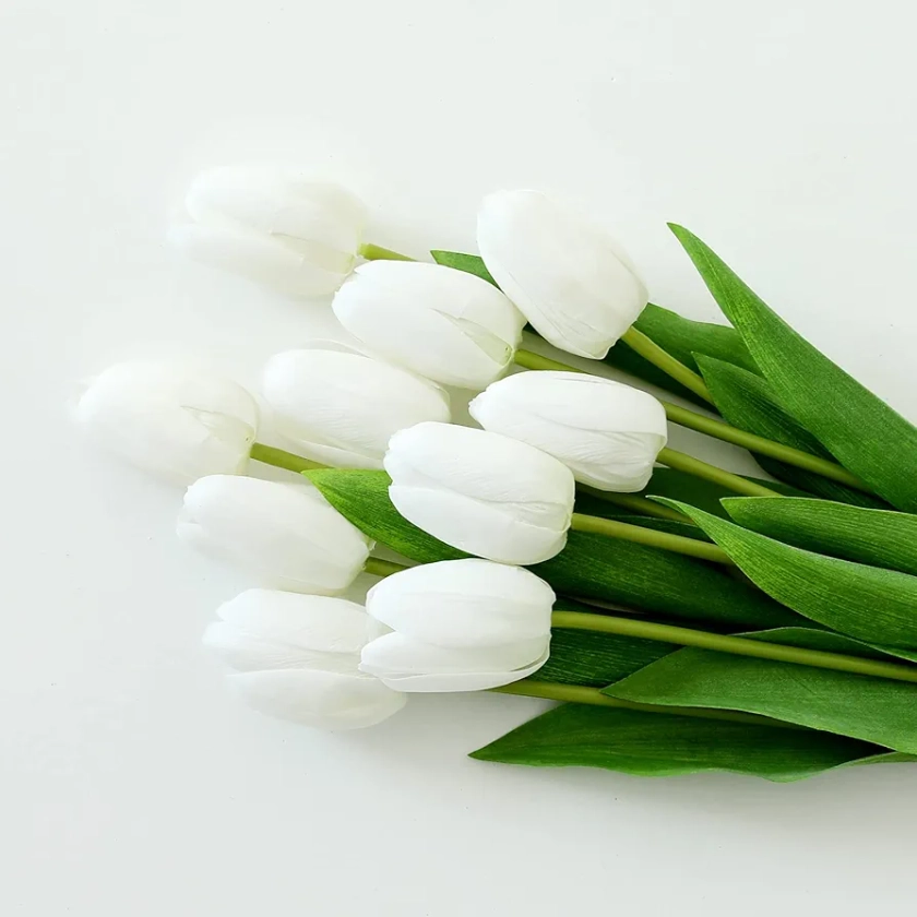 10Pcs White Artificial Tulips Silk Flowers, Long Stem and Green Leaves, Fake Flowers Decoration for Vase, Wedding, Party, Kitchen, Office, Home, Bedroom, Table Centerpiece Decor