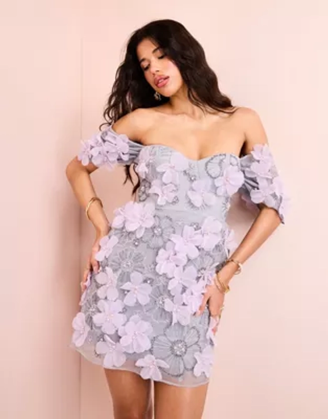 ASOS LUXE 3D floral off shoulder embellished mini dress with caged skirt in lilac | ASOS