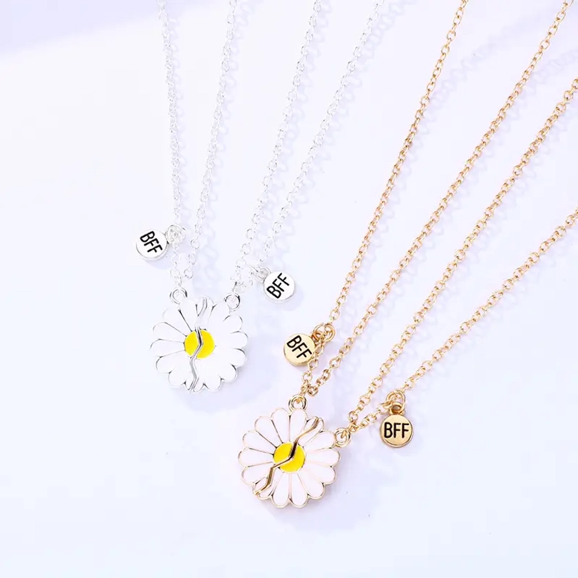2pcs Casual Trendy Creative Daisy Pendant BFF Necklace, Decorative Accessories, Holiday Birthday Party Gift For Girls, Best Friend