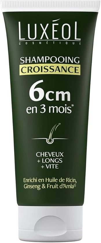 LUXÉOL - Shampoing Croissance - Pousse de 6cm en 3 Mois* - Des Cheveux Plus Longs Plus Vite - Cliniquement Prouvé - Formule d'Origine Naturelle - Huile de Ricin, Amla & Ginseng(3) - 200 ml