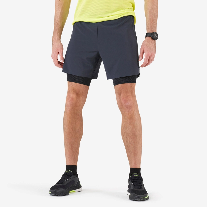 SHORT CUISSARD RUNNING HOMME KIPRUN 2 IN 1 GRIS NOIR