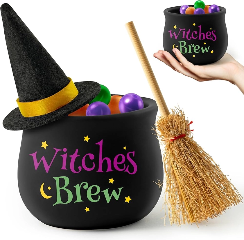 Amazon.com | WATINC Halloween Witches Brew Candy Dish Mini Witches Cauldron Ceramic Candy Bowl Tiered Tray Decor, Trick or Treat Broomstick Snack Serving Bowl Decoration, Candy Bucket for Halloween Wizard Party: Candy Servers