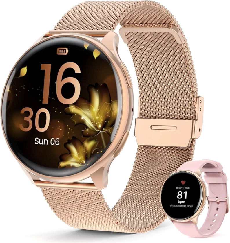 Loekneue Montre Femme avec Appel Bluetooth 5.2，1.39" HD Smartwatch 120+ Modes Sportifs/SpO2/Cycle Menstruel/Sommeil/Fréquence Cardiaque/IP67 /Fitness Podomètre/Montre iOS Android (Or Rose)