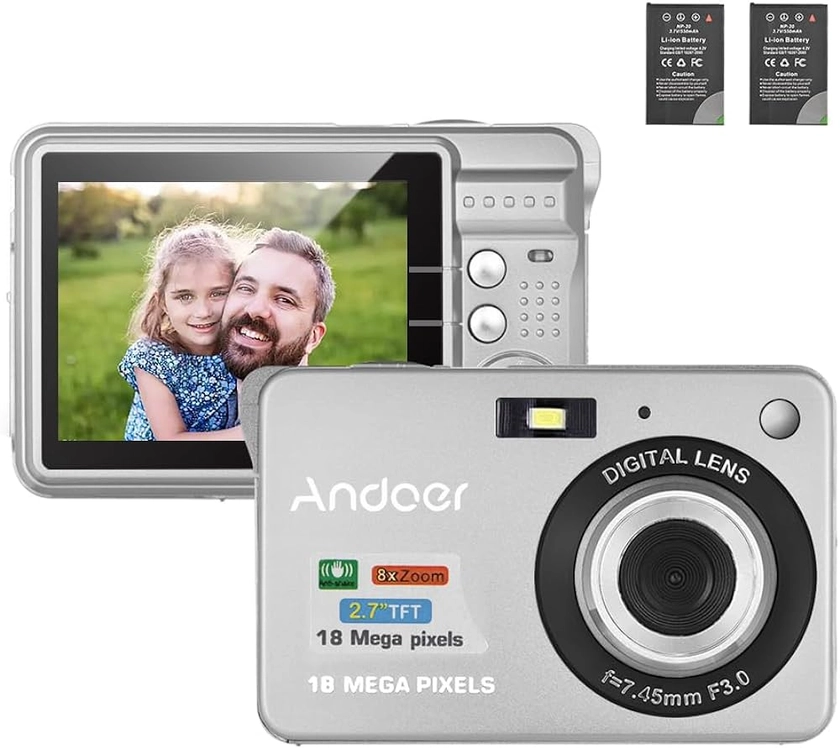 Andoer Digital Camera,Camera Digital Video Camcorder with 2 Batteries 8X Digital Zoom Anti-Shake 2.7 Inch LCD Camera for Adults/Seniors/Children/Teens-Silver