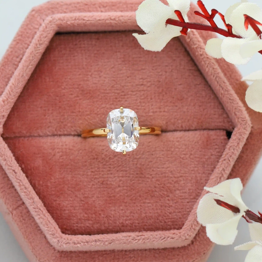 Elongated Old Mine Cushion Cut Solitaire Engagement Ring