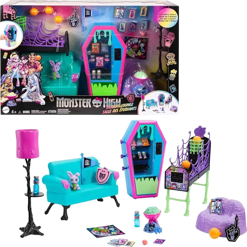 Monster High Student Lounge Playset, Doll House Furniture and Themed Accessories with Two Pets and Working Vending Machine : Amazon.com.au: Toys & Games