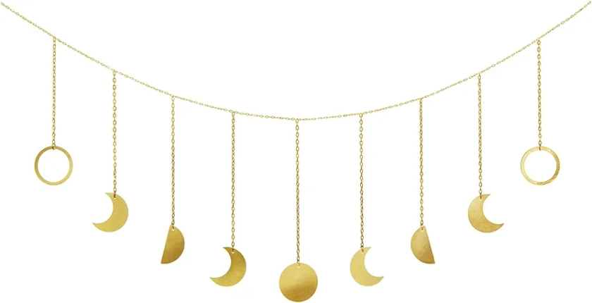 Mkono Moon Phase Wall Hanging Boho Aesthetic Room Decor Metal Moons Garland Hanging Art Bohemian Home Decoration for Girls Room Nursery Bedroom Livingroom Dorm, Ideal Gift, Gold, 50"