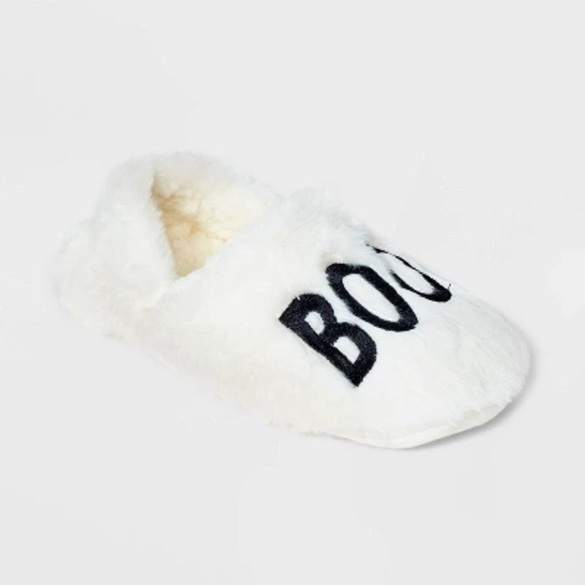 Women's "Boo!" Embroidered Halloween Faux Fur Pull-On Slipper Socks with Grippers - Hyde & EEK! Boutique™ White/Black S/M