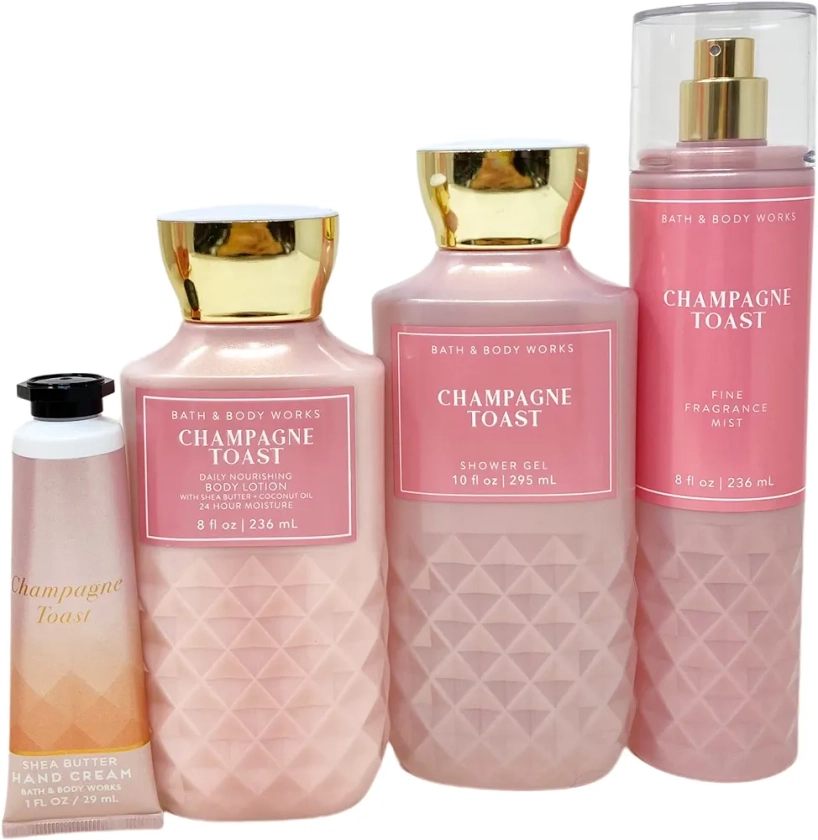 Bath and Body Works CHAMPAGNE TOAST Gift Bag Set - Body lotion - Shower Gel and Fine Fragrance Mist Plus a Shea Butter Hand Cream arranged inside a transparent gift bag