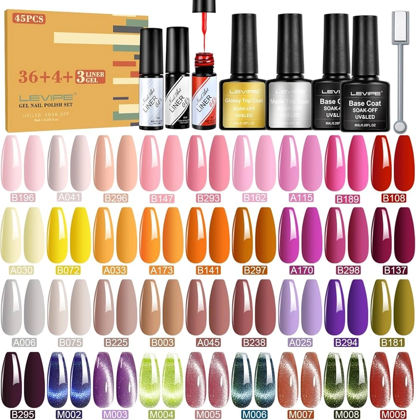 LEVIPE 44Pcs Vernis Semi Permanent Gel UV LED , 36 Couleurs + 2 Base ＋1 Top Coat Brillant ＋1 Top Coat Matte ＋3 Liner Gel Nail Art, Noir, Blanc, Rouge ＋1 Bande Magnétique œil de Chat, 8ML