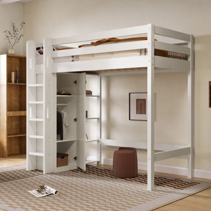 Lit mezzanine 90 x 200 cm avec armoire et 6 étagères - bois massif + MDF - blanc | Leroy Merlin