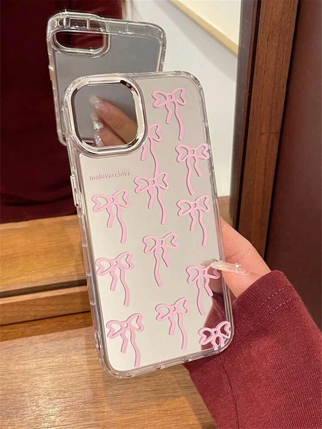 Korea Cute Pink Bowknot Glitter Mirror Case Compatible With Iphone 16 15 14 13 12 11 Pro Max MiNi X XS Max XR 7 8 Plus Stylish Girl Makeup Mirror Hard Cover Compatible With Samsung Galaxy S22U S23U S24U