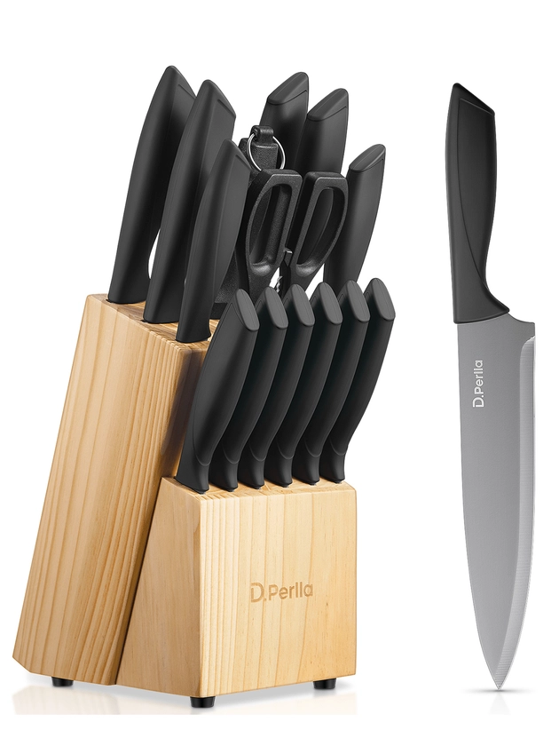 D.Perlla 15 Pieces Knife Set With Block, High Carbon Stainless Steel Kitchen Knife Set With BO Oxidation Technology, No Rust, Sharp Knife Block Set