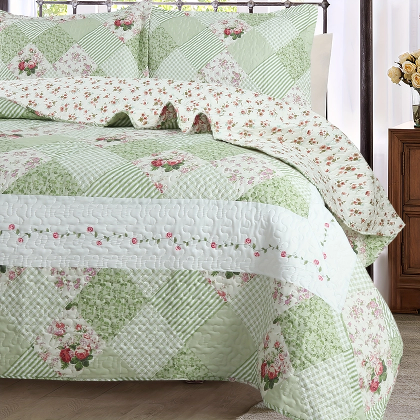 Country Style * Quilt Set, Pre-Washed Bedspread Coverlet Set, Pastoral Design Series, Vintage Fashion, Comfortable Skin-Friendly, Breathable Soft, Ideal for Dorm and Bedroom Bedding, Includes 1 Quilt and 2 Pillow Shams (No Core) - Machine Washable, Woven Weave, Cotton & Polyester Filling