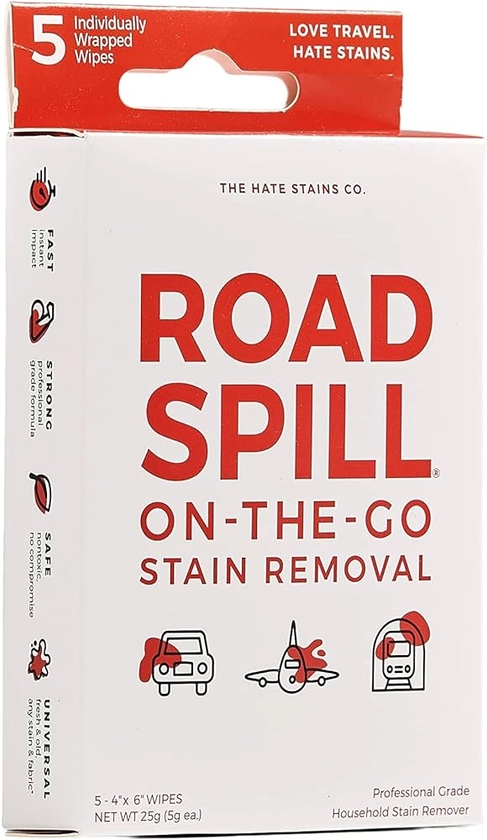 Amazon.com: ROAD SPILL Stain Remover On The Go – 5 Wipes - Car Essentials - Travel Stain Remover Wipes for Car Seats, SUV Upholstery, Carpet, Fabric - Works on Fast Food Stains, Soda, Juice, Ink, Blood, Lipstick : Automotive