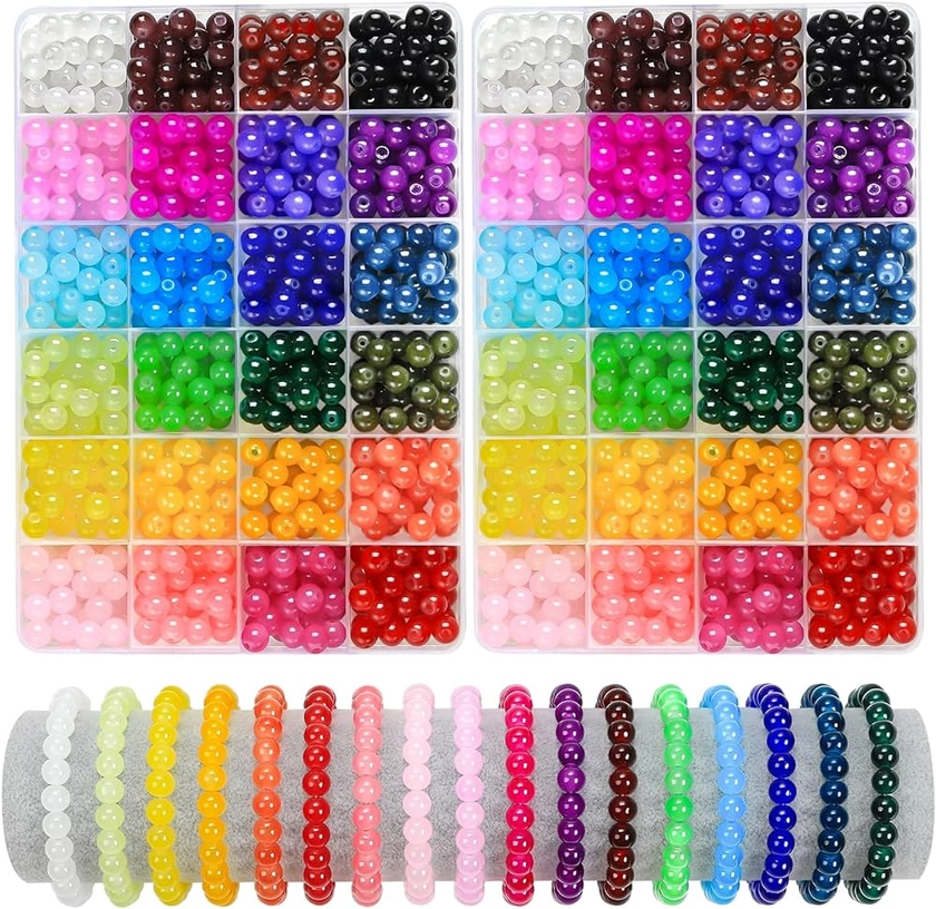 JOISHOP 960pcs Round Glass Beads for Bracelet Making Kit, 24 Colors 8mm Imitative Jade Beads Crystal Gemstone Beads for Jewellery Making Bracelet Necklace Phone Lanyard DIY Crafts