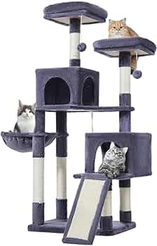 Taoqimiao 56.3-Inch Cat Tree, Cat Tower with Scratching Posts, Cat Tree House for Indoor Cats with hammocks, Toys, Condo and Large Scratch Board, Smoky Gray MS012G