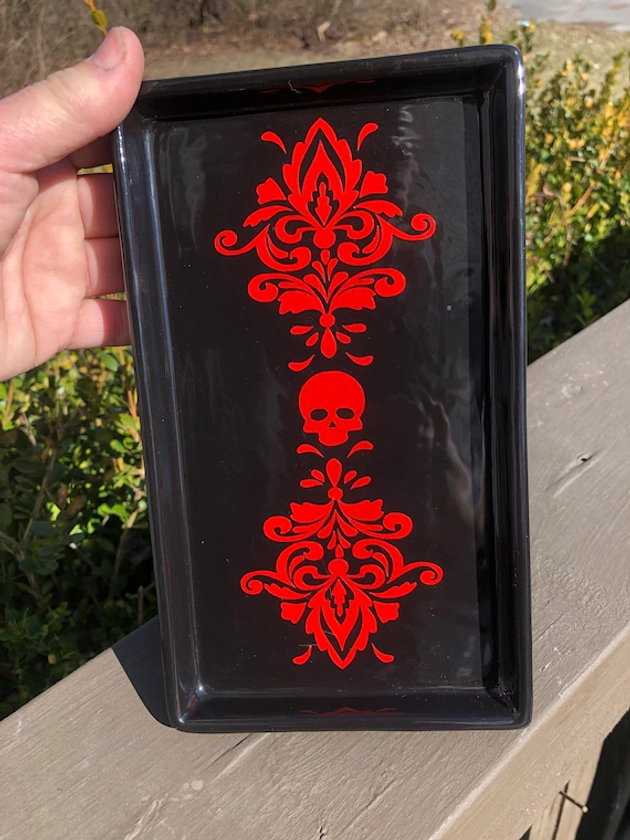 Red Metallic and Black Filigree Skull Ceramic Rolling Tray handmade hand made jewelry change tray key bowl