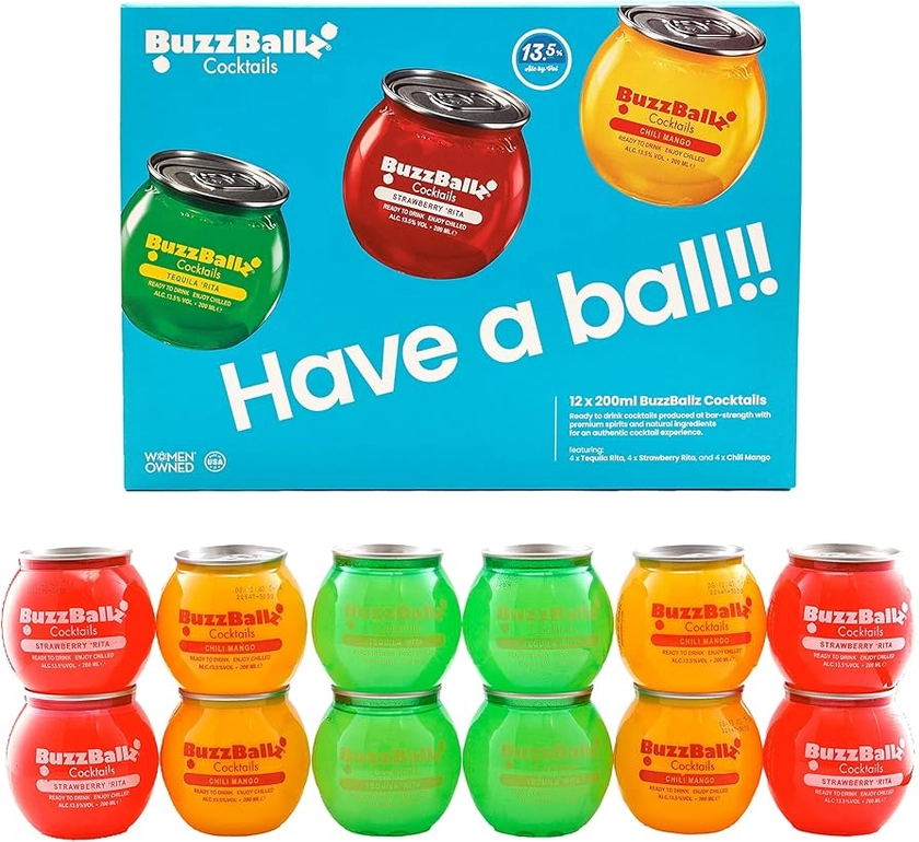 BuzzBallz Cocktails – Mixed Pack (13.5% ABV) | Pre-Mixed Cocktail Balls (Mixed Case of 12 x 200ml) | Ready To Drink Cocktails – Contains 4 x Tequila ‘Rita, 4 x Strawberry ‘Rita, and 4 x Chili Mango