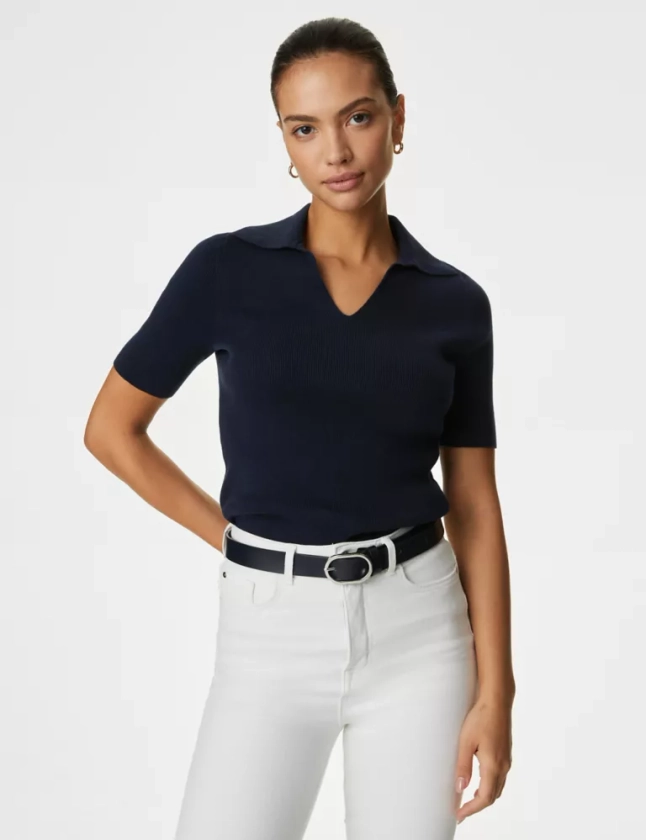 Cotton Rich Ribbed Collared Knitted Top | M&S Collection | M&S