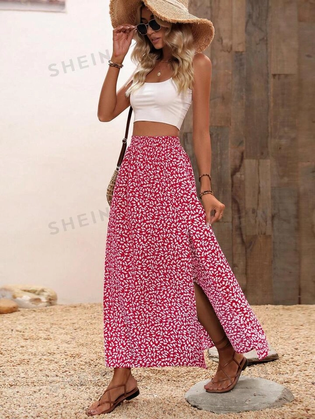 SHEIN VCAY Ditsy Floral Print Split Thigh Skirt | SHEIN UK