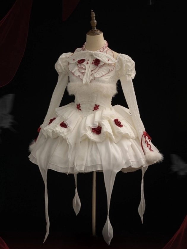 [$104.50]White and Red Corset Waist Gothic Lolita OP with Detachable Sleeves and Moth Brooch on Neckline