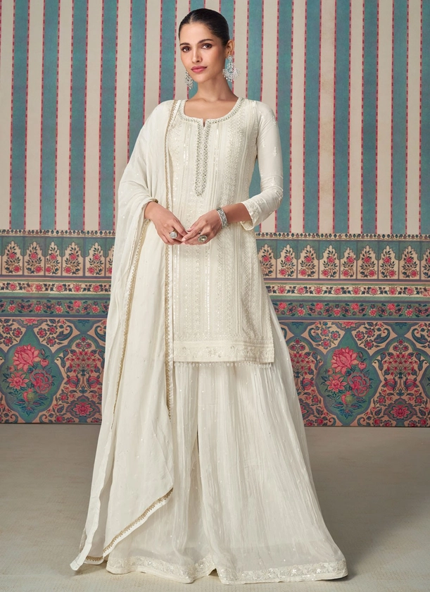 White Embroidered Chinon Designer Salwar Kameez