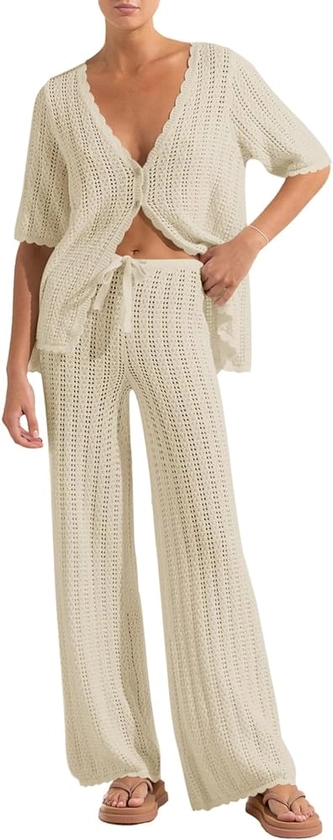 Imily Bela Women's Summer 2 Piece Swimsuit Cover up Crochet Knit Cardigan Tops Long Pants Set Bathing Suit Beach Outfit