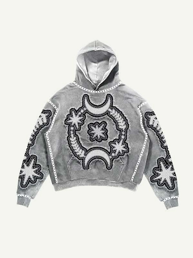 Moon&Star&Eye Faux Decal Print Slant Pockets Hoodie