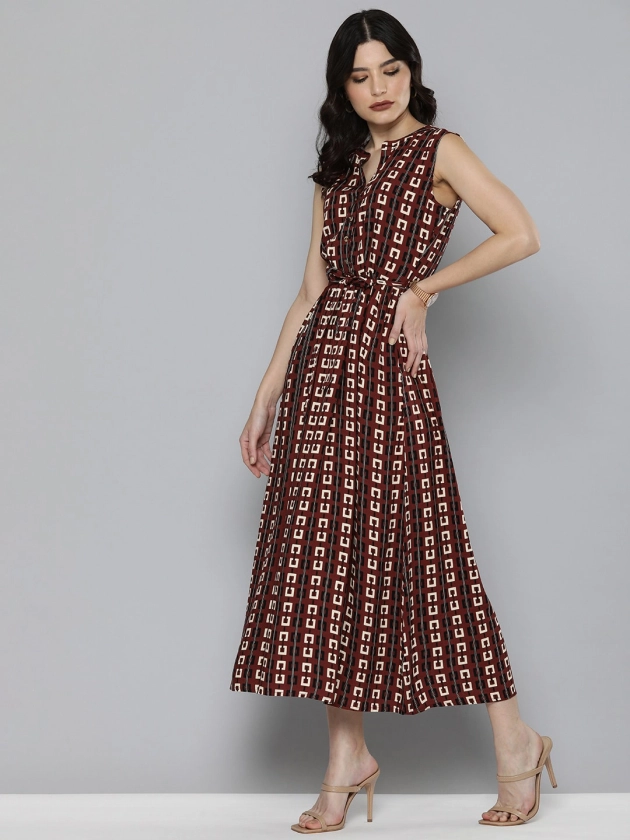 Chemistry Women Brown & Beige Printed Fit & Flare Midi Dress