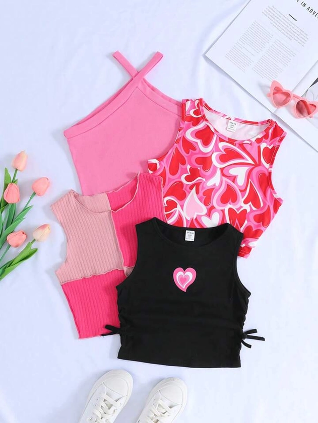 Tween Girl 4pcs Short Knitted Heart Patterned Tank Tops, Spring/Summer Holidays