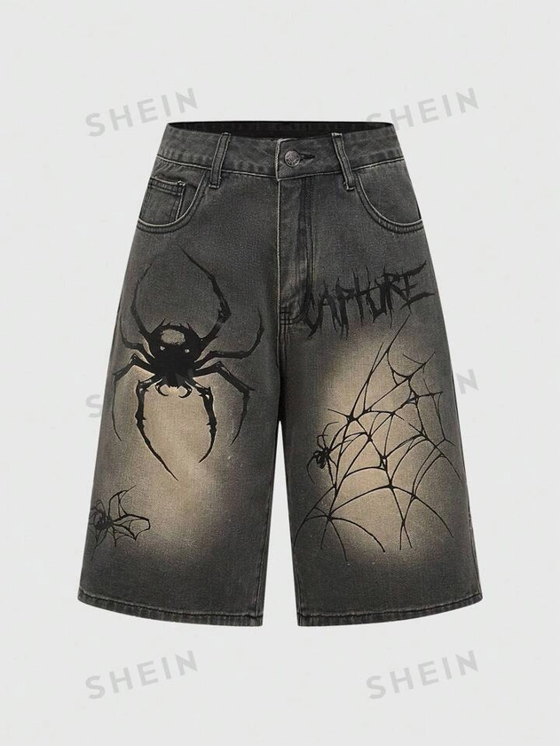 ROMWE Goth Ladies" Distressed Spider Letter Print Casual Denim Shorts For Spring And Summer