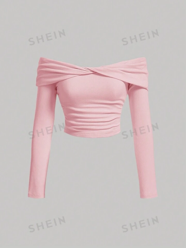 SHEIN MOD Off-Shoulder Mid-Front Kink Long Sleeve T-Shirt | SHEIN USA