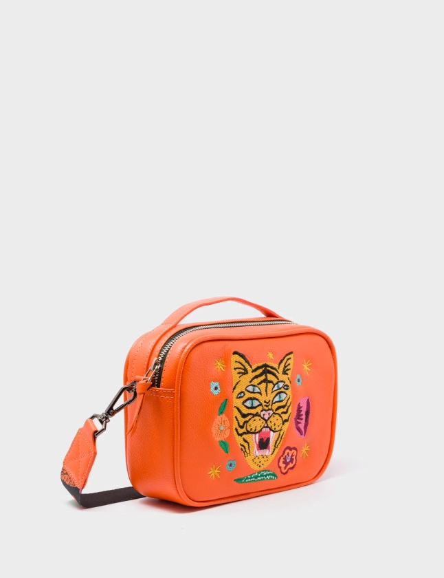 Verto Crossbody Vermillion Orange Leather Handbag - Tiger and Flowers 