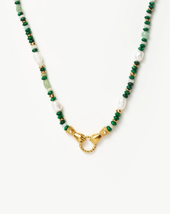 Harris Reed In Good Hands Beaded Gemstone Necklace | 18ct Gold Plated/Multi Green Gemstone & Pearl Necklaces