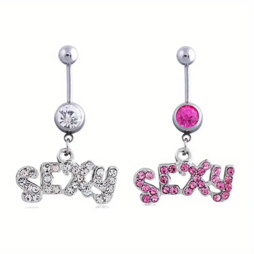 1/2pcs Sexy Letter Pendant Belly Button Ring Inlaid Shiny Rhinestone Navel Nail For Women Body Piercing Jewelry