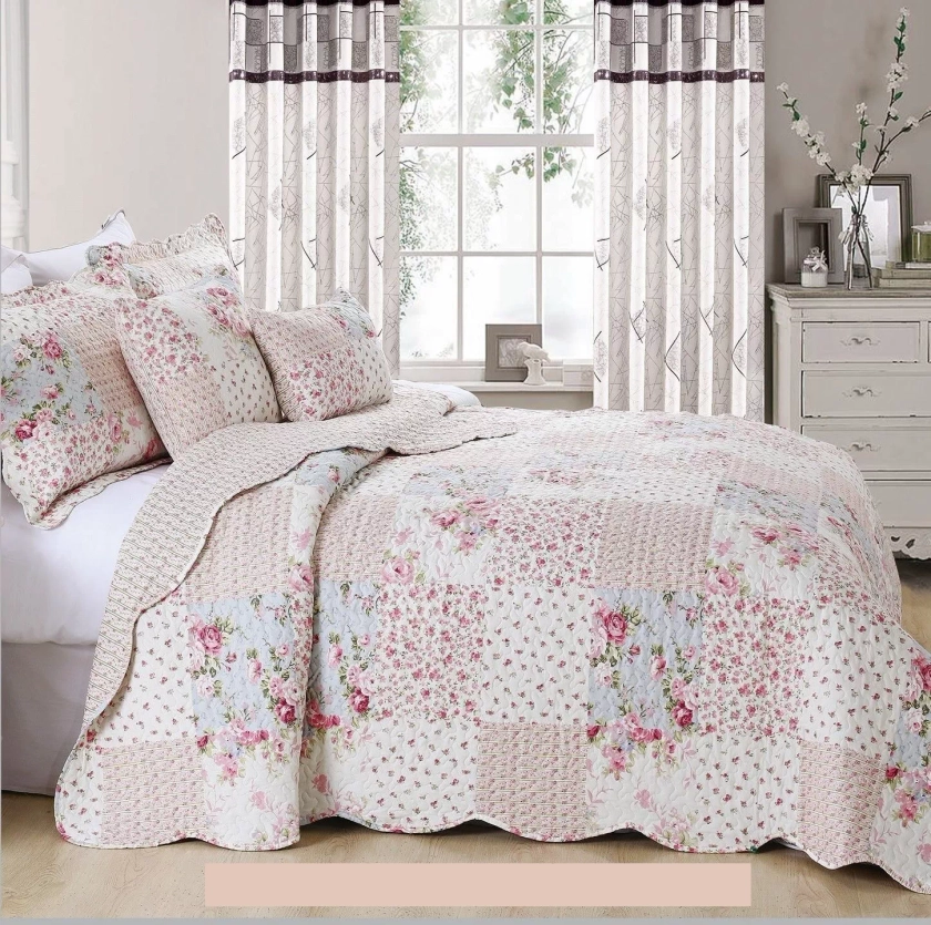 New Beautiful Patchwork Floral Vintage Quilted Bedspread/Throw & 2 Pillow Shams | eBay