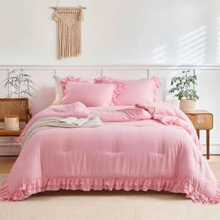Pink Ruffled Comforter Set Twin Size, 3 Pieces (1 Ruffled Comforter and 2 Pillowcases) Farmhouse Shabby Chic Style with 2 Layers Ruffle, Solid Color Lightweight Soft Fluffy Bedding Sets for Girls